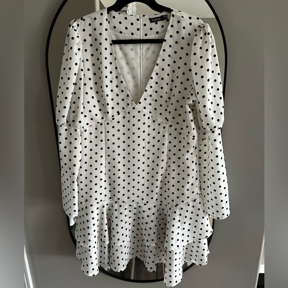 Puffed Sleeve Flounced Polka Dot Dress
